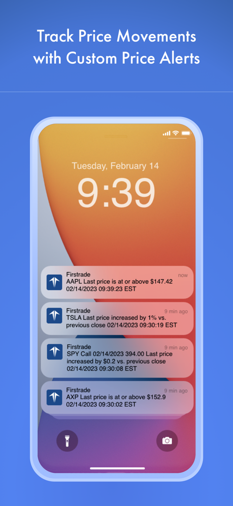 Écran de verrouillage d'un téléphone mobile affichant des alertes de prix d'actions personnalisées de l'application Firstrade pour diverses actions.