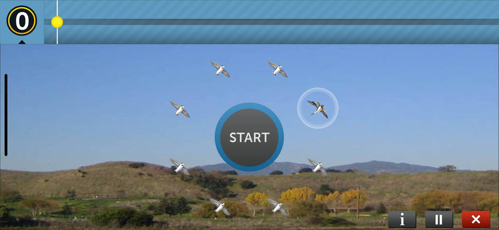 A BrainHQ cognitive exercise interface showing birds in a circular pattern over a landscape background with a central start button.