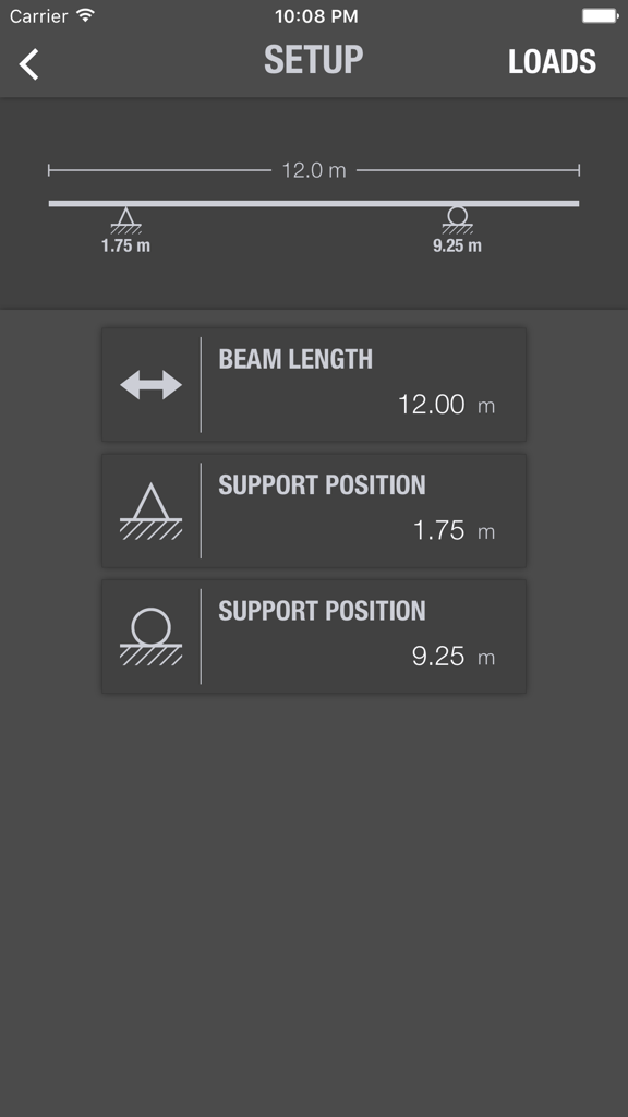 Shear & Moment Diagrams - Mobile app interface showing beam length and support position configuration for structural analysis.