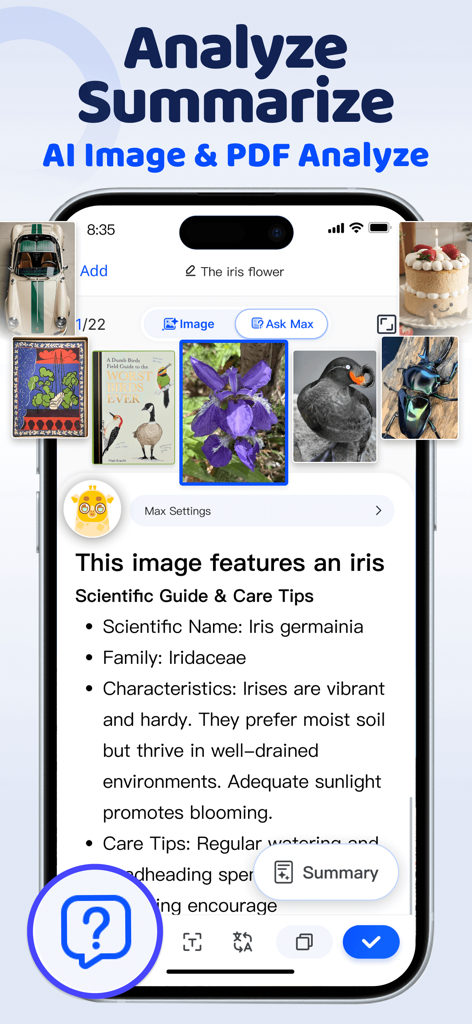 Scanner App: ScanMaster - ScanMaster app interface showing AI image identification and scientific summary for a flower