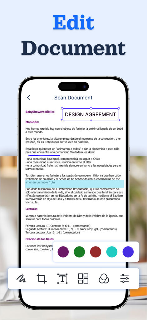 Doc Scanner - Fast PDF Creator - Mobile app interface for editing scanned documents and adding text annotations