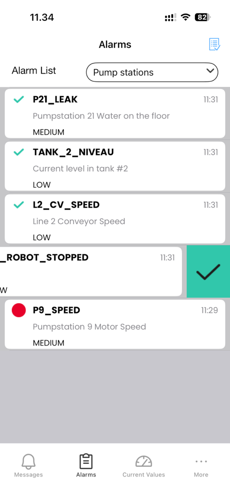 SmartDirect - SmartDirect mobile app interface displaying a list of active industrial SCADA alarms for pump stations