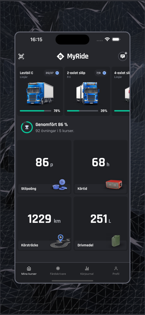 Skillster MyRide - Painel do aplicativo Skillster MyRide mostrando o progresso do curso de direção de caminhão e métricas de desempenho