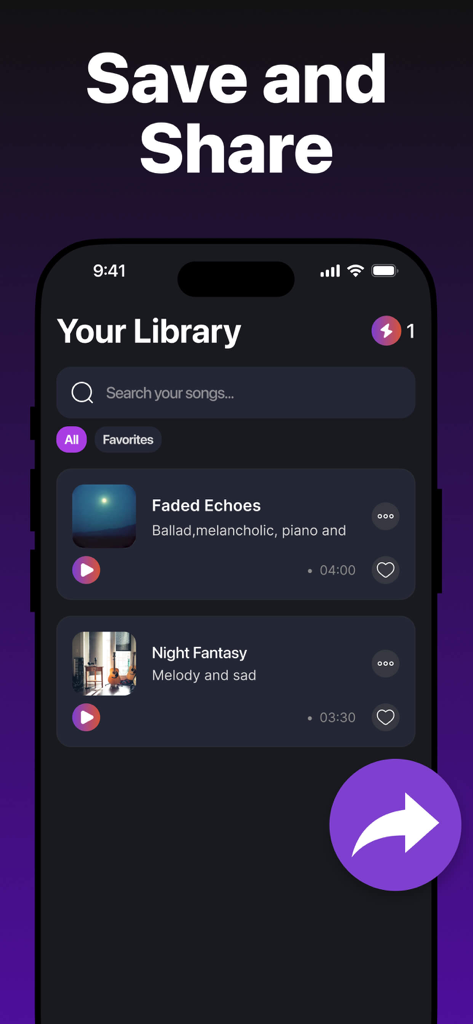 AI Song Makerㅤ - AI Song Maker app interface showing a library of generated songs with a save and share feature.