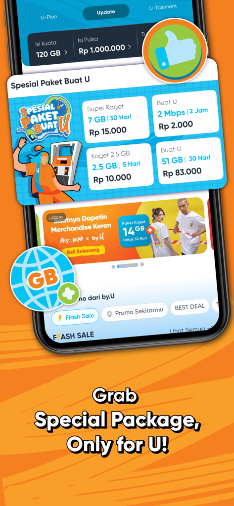 Pantalla de la app by.U que muestra varios paquetes de datos de internet especiales y precios.