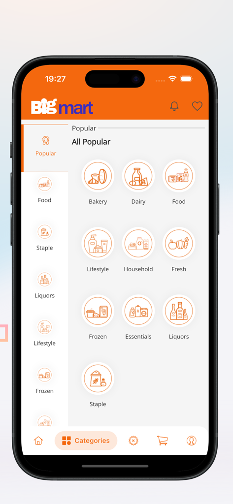 BigMart mobile app showing grocery categories like bakery dairy and household essentials