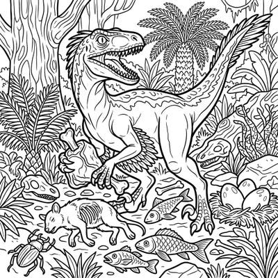 Explore the ancient world with this detailed Velociraptor coloring page, showcasing the dinosaur engaged with its prehistoric diet amidst a lush jungle. It's an engaging and educational activity for dinosaur enthusiasts of all ages.