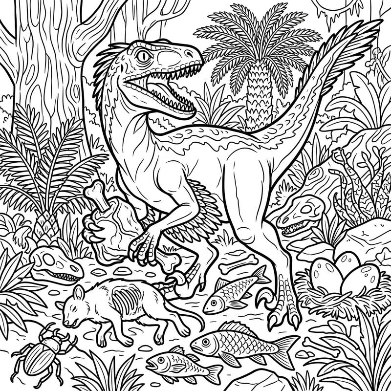 Explore the ancient world with this detailed Velociraptor coloring page, showcasing the dinosaur engaged with its prehistoric diet amidst a lush jungle. It's an engaging and educational activity for dinosaur enthusiasts of all ages.