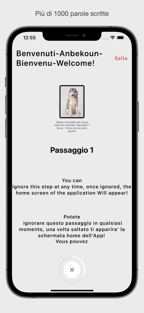 Bambara - La pantalla de introducción de la aplicación de aprendizaje de idiomas Bambara que presenta un mensaje de bienvenida y una opción para omitir.