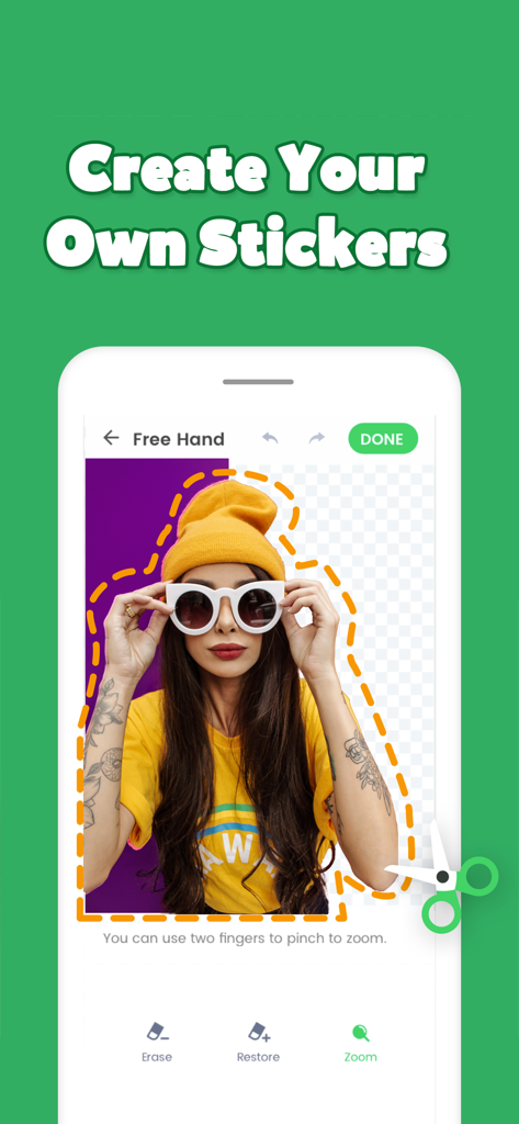 Smartphone interface showing the freehand tool being used to cut out a person's image for a custom sticker