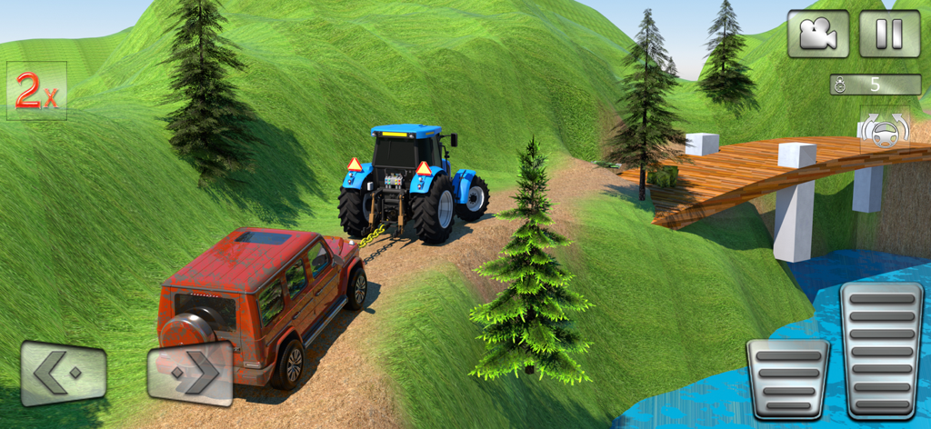 Blue tractor towing a red SUV on a scenic mountain offroad track