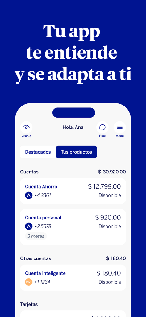 Painel do aplicativo móvel BBVA México mostrando várias contas bancárias e saldos