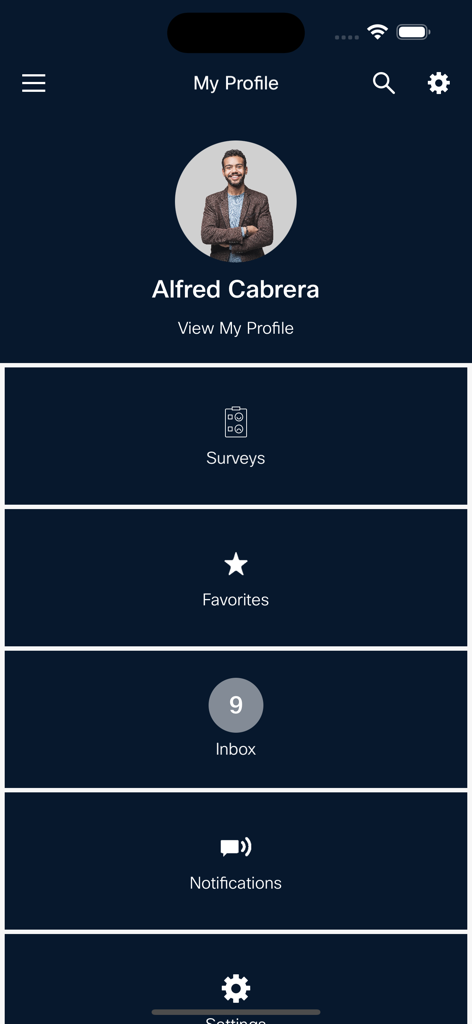 Cisco Events App - A professional user profile screen in the Cisco Events App showing navigation tiles for surveys, favorites, and notifications.