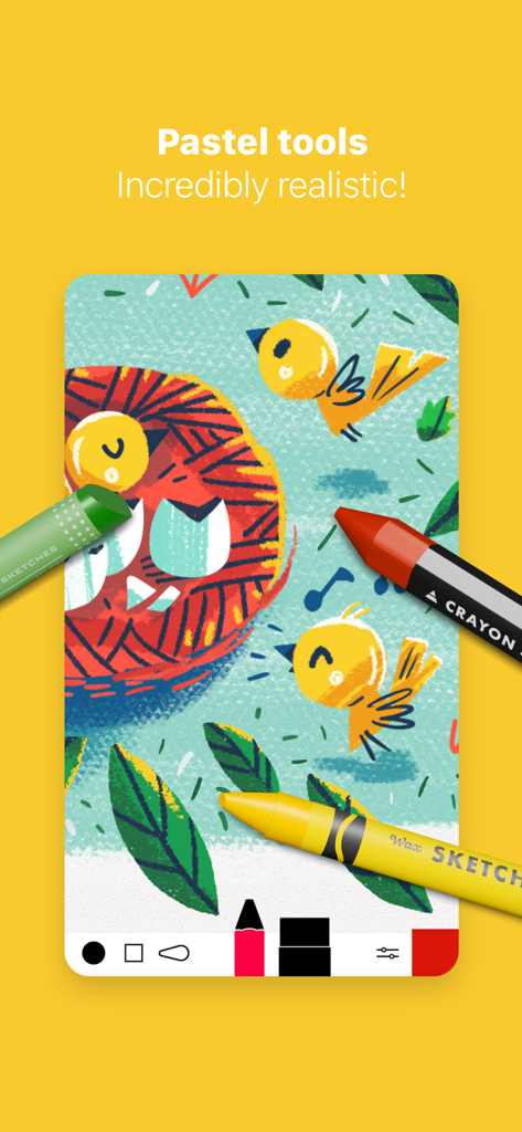 Illustration d'oiseau créée avec des outils de pastel et de crayon numériques réalistes dans Tayasui Sketches