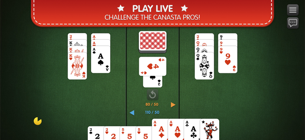 Canasta Palace - A live match of Canasta Palace showing playing cards on a green felt table.