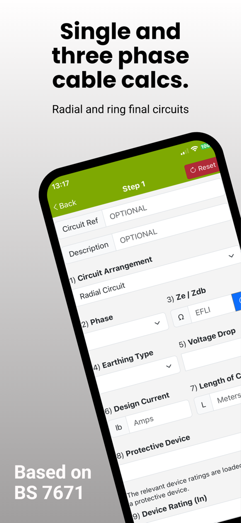 Cable Calc - Cable Calc app interface showing electrical calculation input fields for BS 7671 compliance on an iPhone