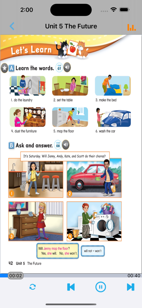 牛津少儿英语Let’s go 5 - A screenshot from the Oxford Let's Go 5 English learning app showing a lesson on household chores and the future tense.