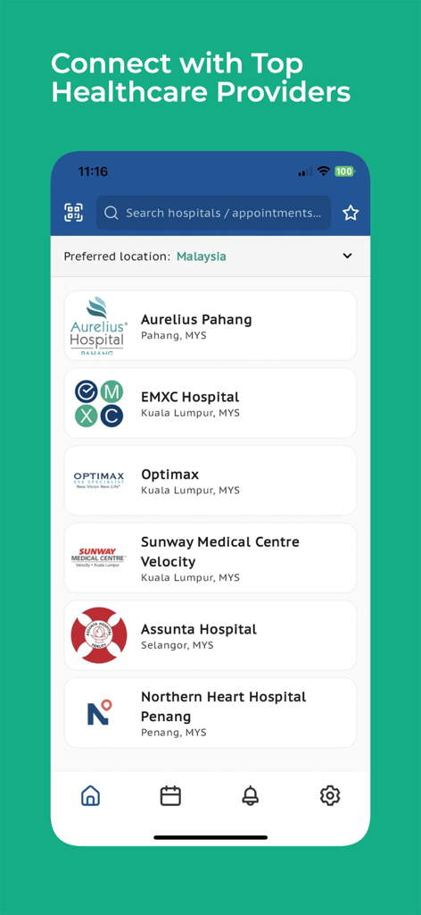 PatientHub by EncoreMed - PatientHub app interface displaying a searchable list of registered hospitals and medical centers for easy appointment booking