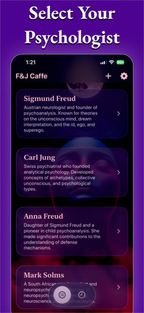 Freud Caffe AI Psychoanalysis - Interfaz de la aplicación Freud Caffe que muestra una selección de psicólogos de IA, incluyendo a Sigmund Freud y Carl Jung