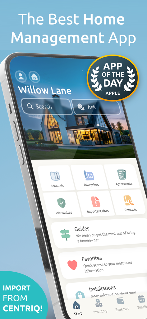 Homer: The Home Management App - Schermata dell'iPhone che mostra la dashboard dell'app di gestione della casa Homer con sezioni per manuali, planimetrie e garanzie