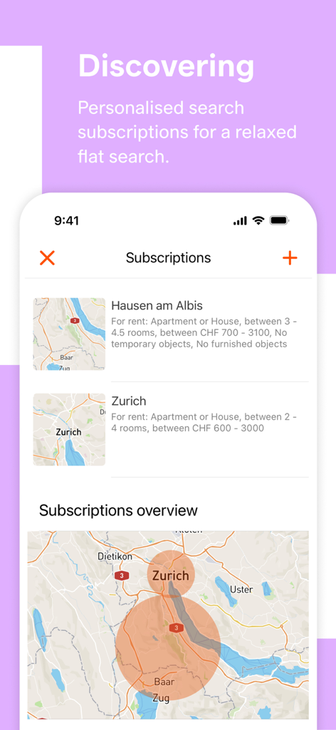 Interface of Flatfox app displaying personalized search subscriptions for apartment rentals on a map