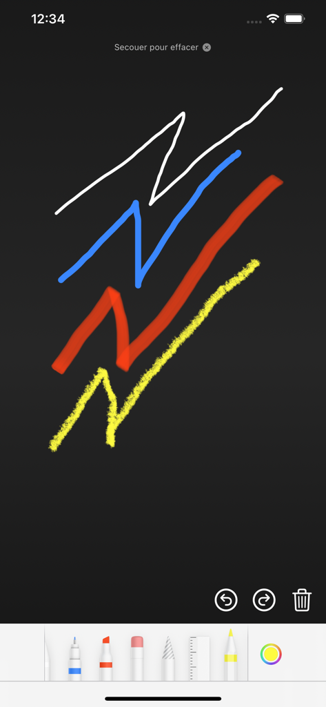 Ardoise Simple - Ardoise Simple app interface showing colorful brush strokes on a black digital slate with minimalist tools