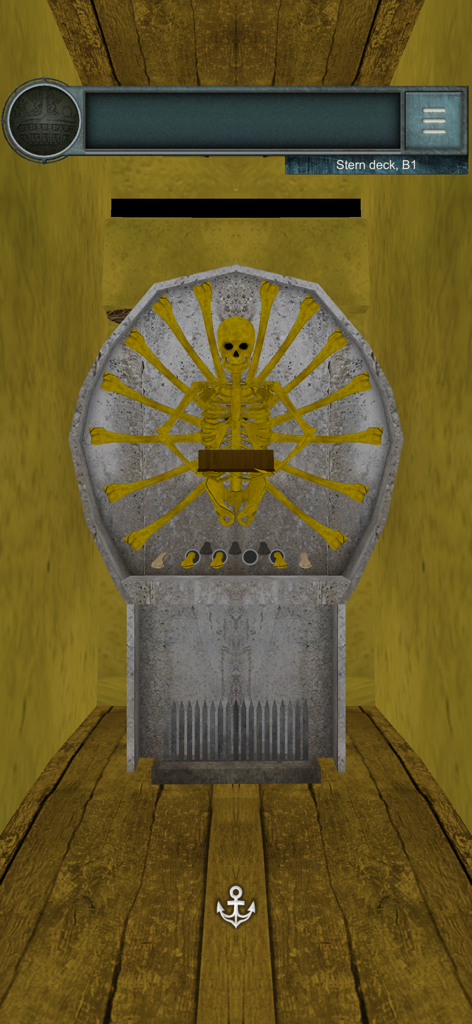 Un rompecabezas de esqueleto dorado mostrado en una placa de piedra circular dentro del área de la cubierta de popa de Escape Game Castaway.