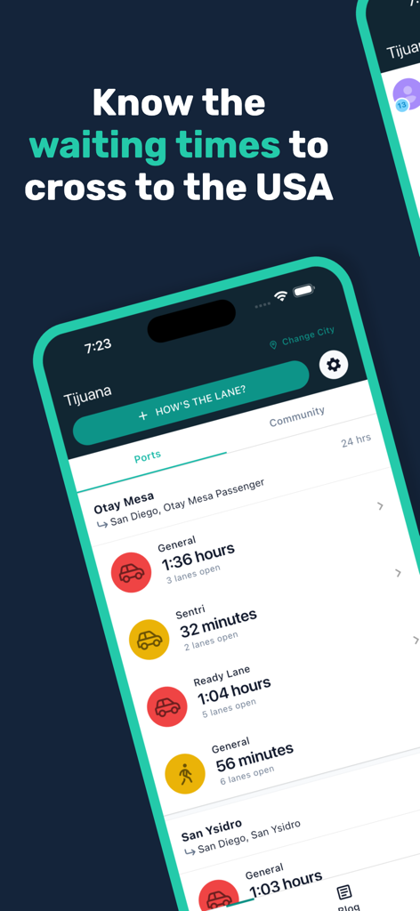 Bordify app screen showing real-time border wait times for Otay Mesa and San Ysidro ports of entry into the USA