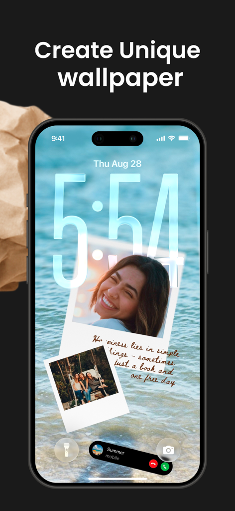 Seamless Carousel Collage PSTR - A custom iPhone lock screen featuring polaroid photos on a beach background made with the PSTR app.