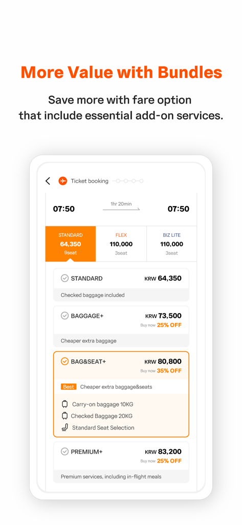 Jeju air - Mobile Ansicht der Jeju Air App mit Ticketbuchung, verschiedenen Tarifen und Gepäckpaketen