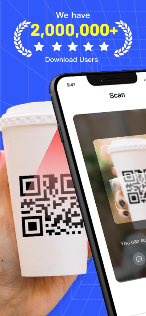 Smartphone scanning a QR code on a white cup with 2 million user social proof display