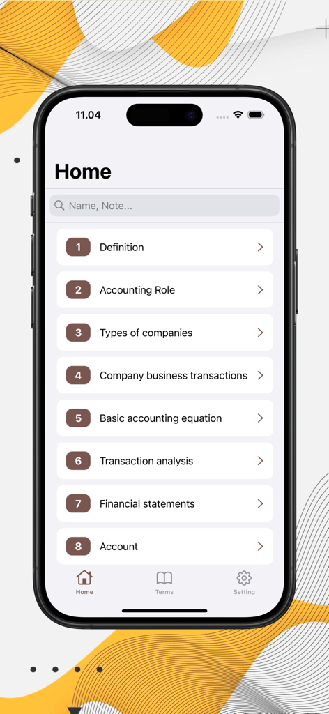 Basic Accounting Learning - Basic Accounting Learning app home screen showing a list of accounting study topics like definitions and financial statements.