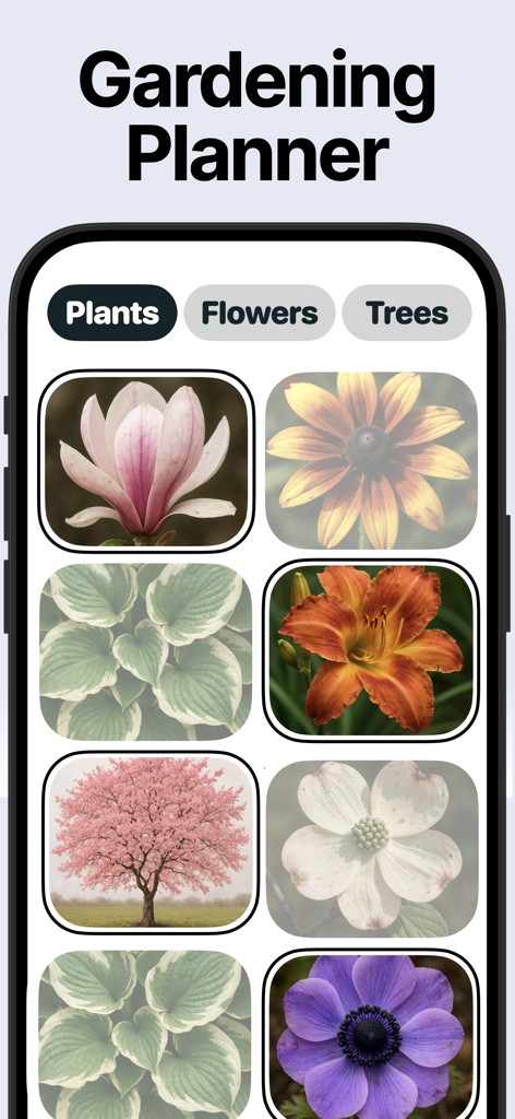 Landscape AI: AI Garden Design - Interface da ferramenta de planejamento de jardinagem mostrando várias opções de plantas e flores para design de paisagismo