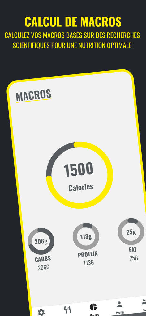 Makro-Rechner-Bildschirm, der Kalorien- und Nährstoffverfolgung in der 4020 Fitness-App anzeigt