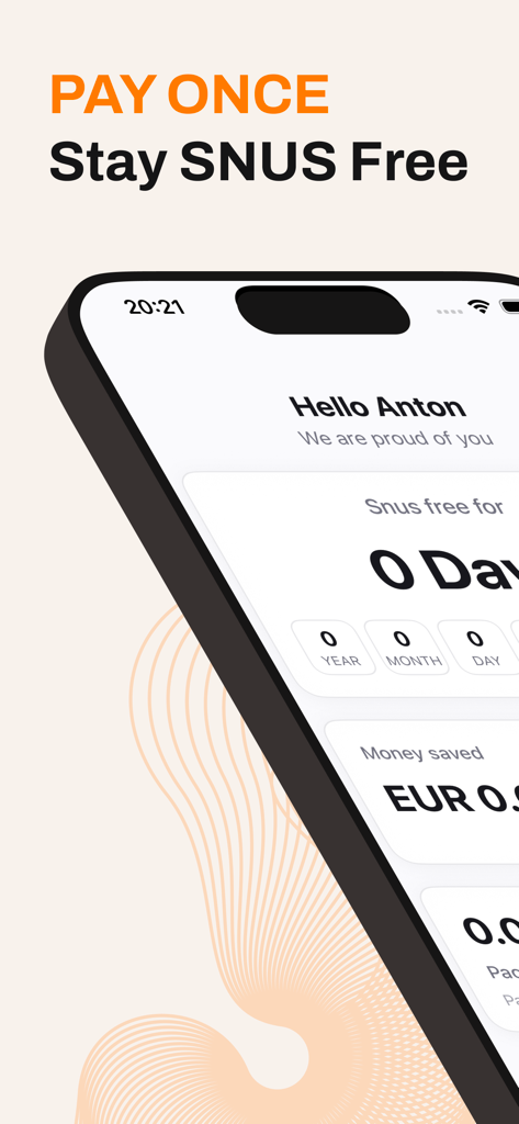 Snus Quit Tracker - Snus Quit Tracker app dashboard showing time clean and money saved metrics on an iPhone