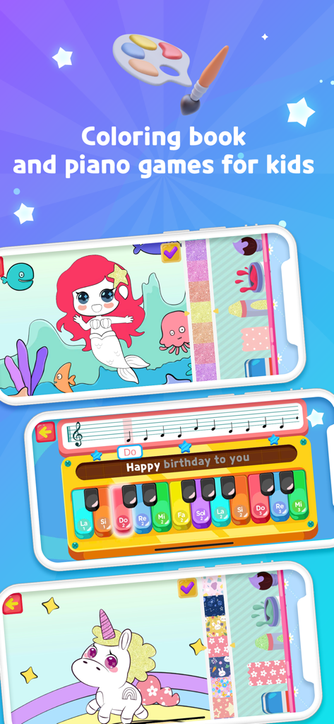 Screenshots of coloring book and piano games for kids in an educational app
