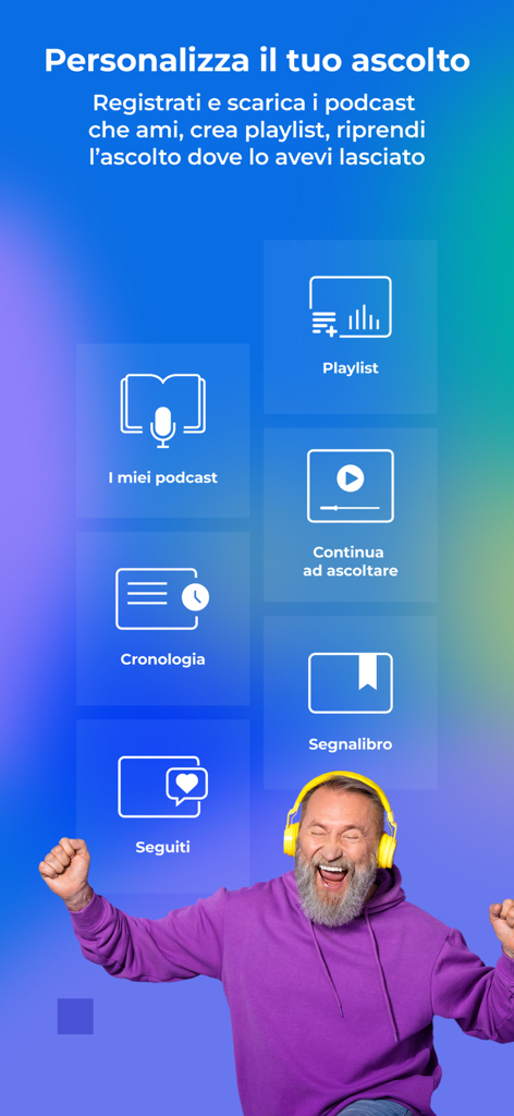 RaiPlay Sound: radio e podcast - RaiPlay Sound アプリのインターフェース。マイポッドキャストプレイリストやブックマークなどのパーソナライゼーション機能を表示しています。