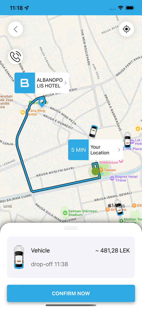 Blue Taxi - Blue Taxi mobile app screen showing a map route with a fixed price ride confirmation.