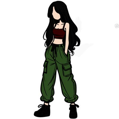 girl in baggy pants crop top and long hair