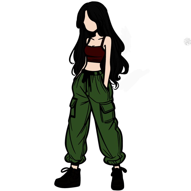 girl in baggy pants crop top and long hair
