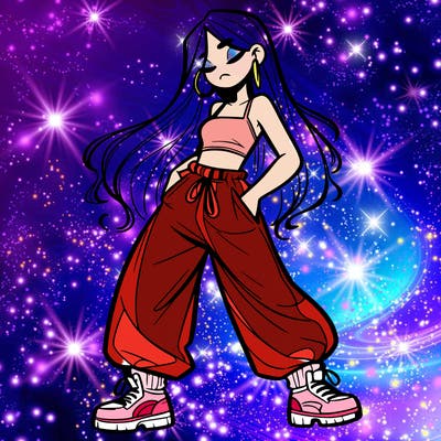 girl in baggy pants crop top and long hair