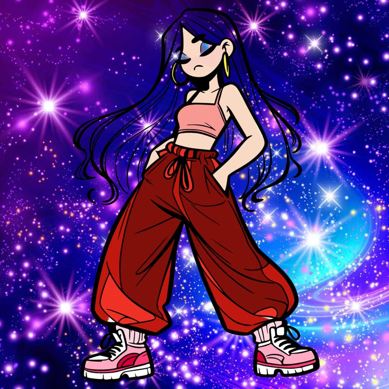 girl in baggy pants crop top and long hair