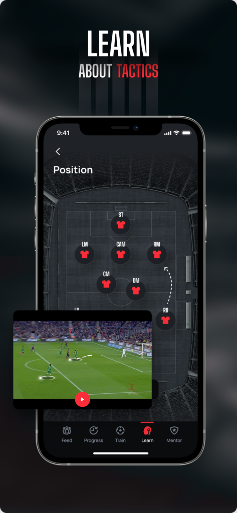A smartphone display showing the Train Effective app with a soccer tactical board and match analysis video.