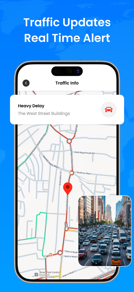 EarthX: 3D Map & Nearby Places - Interface do aplicativo EarthX mostrando alertas de tráfego em tempo real e notificações de grandes atrasos em um mapa 3D