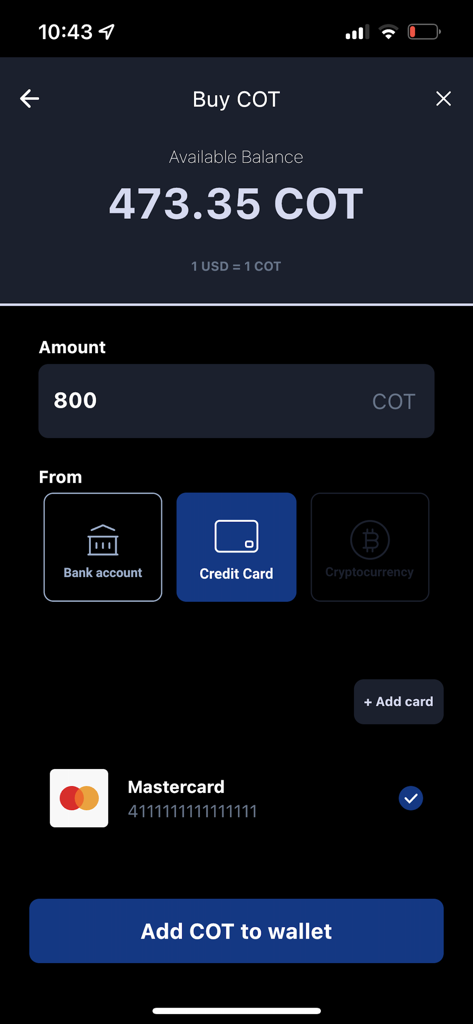 Checkout Wallet app interface for buying COT tokens using a credit card