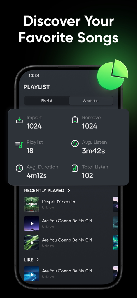 Offline Music Player - MP3, EQ - Smartphone screen showing the statistics dashboard and recently played list in the Offline Music Player app