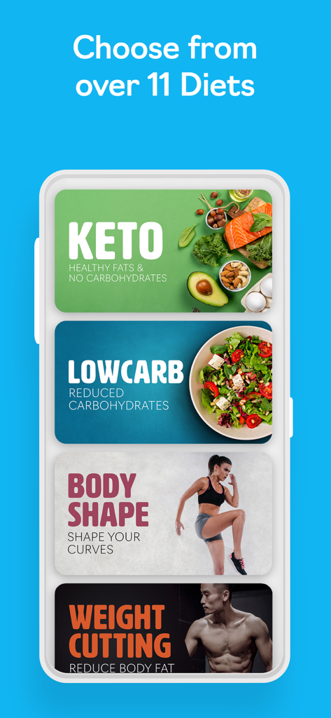 FoodPal - Diet Plan - FoodPal app interface displaying different diet plans including Keto and Low Carb