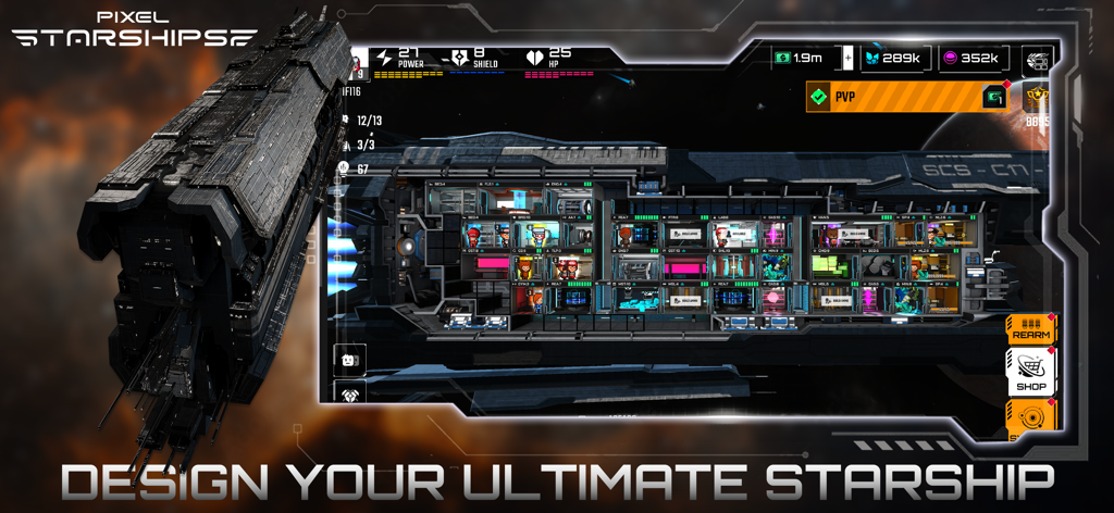 Pixel Starships 2 - Vue en coupe d'un vaisseau spatial personnalisable en pixel art avec des membres d'équipage dans divers compartiments et le texte concevez votre vaisseau ultime