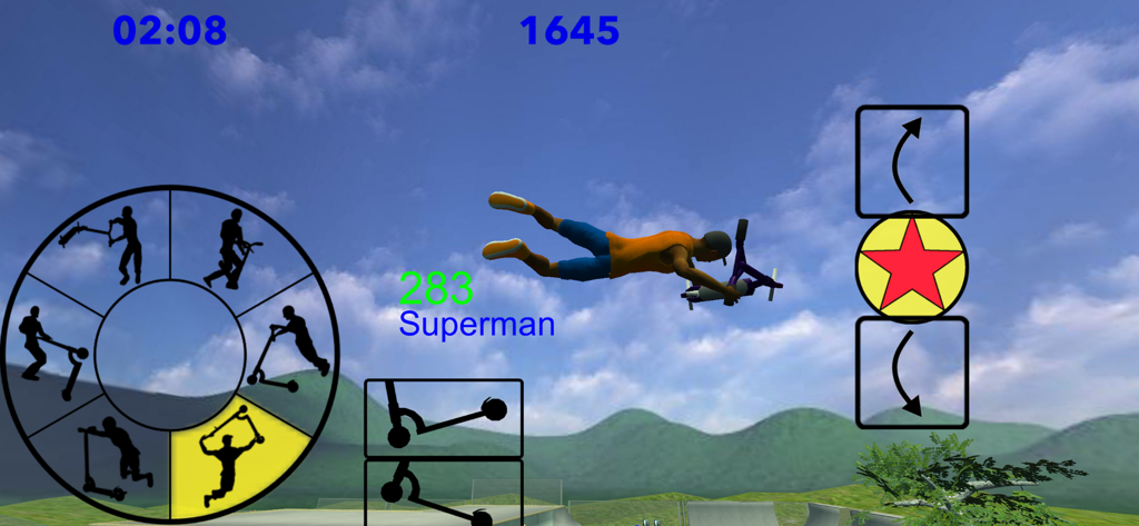 Scooter Freestyle Extreme 3D - A scooter rider performing a Superman stunt in the air within the Scooter Freestyle Extreme 3D game.