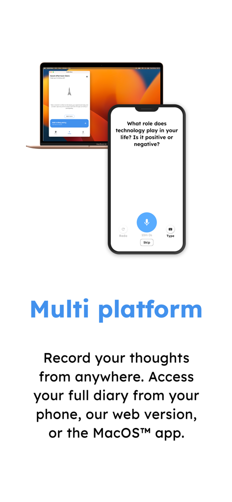 A interface do aplicativo Diário de Áudio exibida em um iPhone e um MacBook para mostrar acesso multiplataforma.